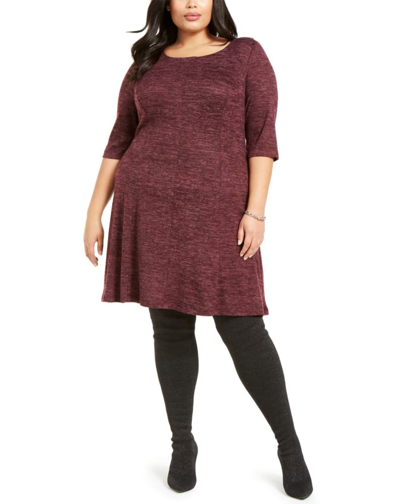 Front of a model wearing a size 14W Connected Women's 3/4 Sleeve Plus Sweater Dress Purple Size 14W in Purple by Connected. | dia_product_style_image_id:312773